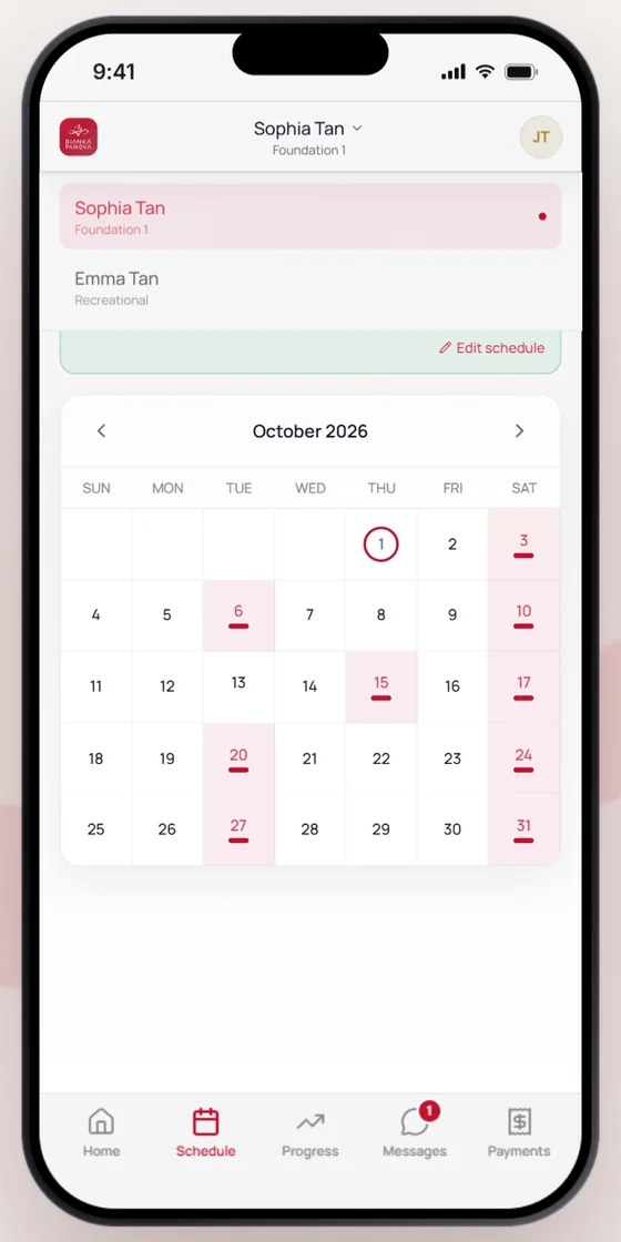 Parent app calendar for a family with two gymnasts