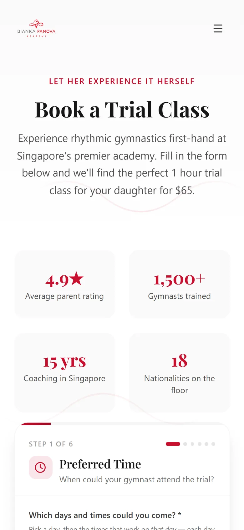 Book a trial class page on a phone