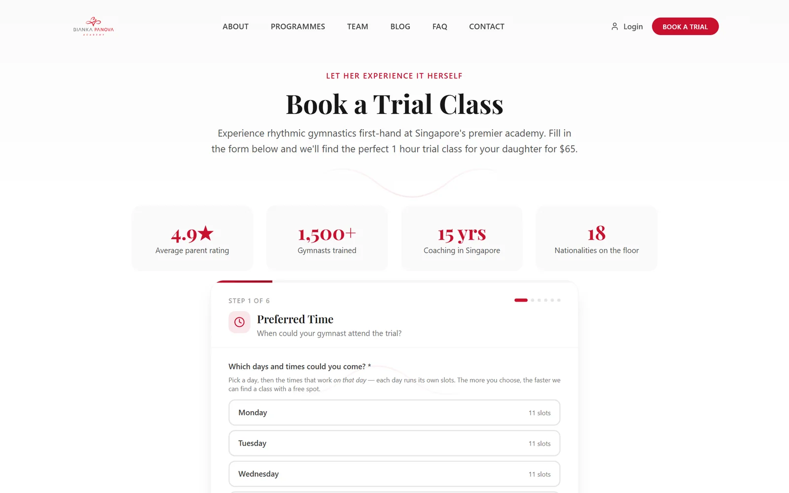 Book a trial class page on desktop: ratings and the first step of the booking form